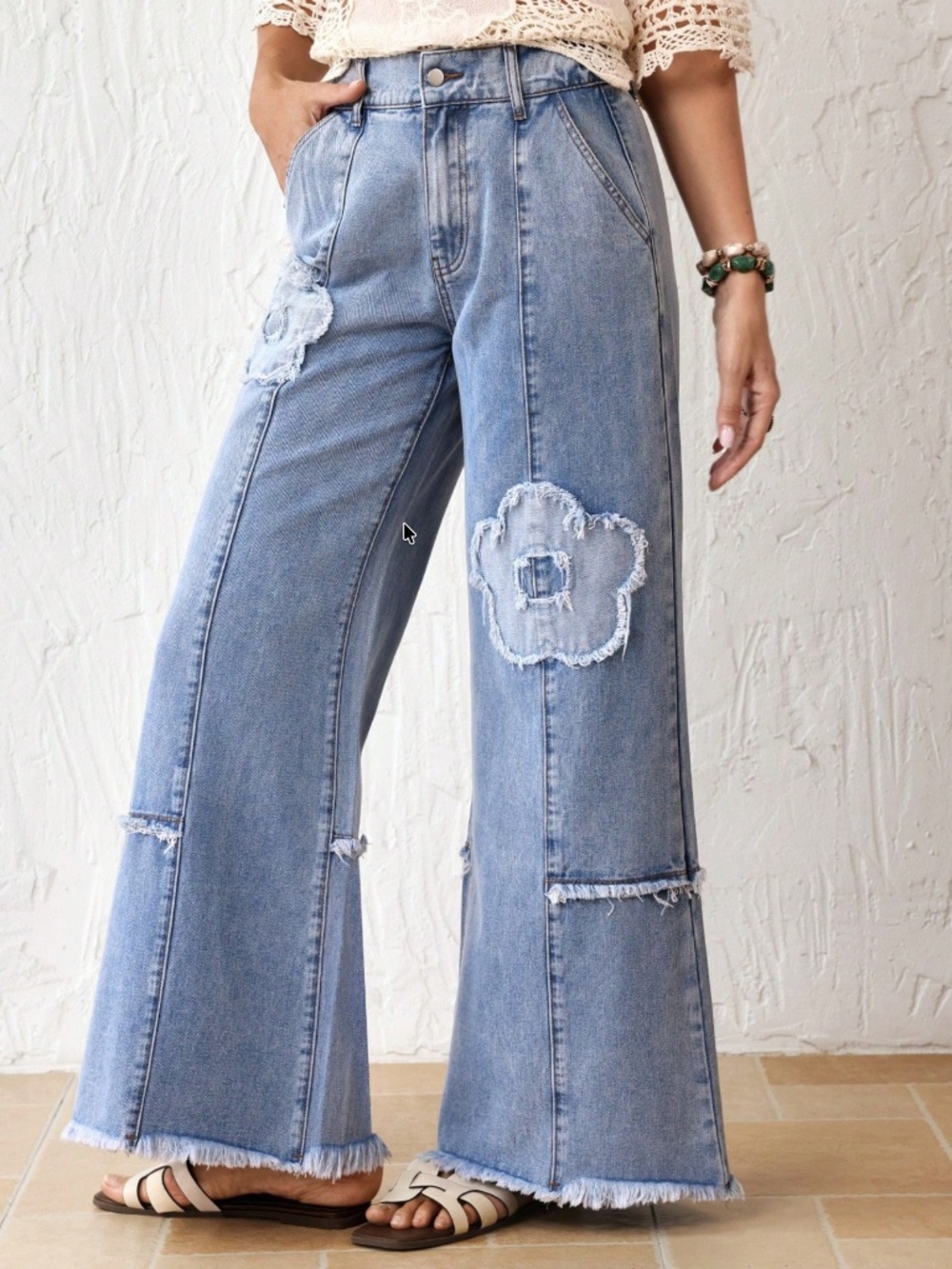 Western Light Wash Flower Patchwork Frayed Hem Wide leg Denim Jeans - Picture 2 of 6
